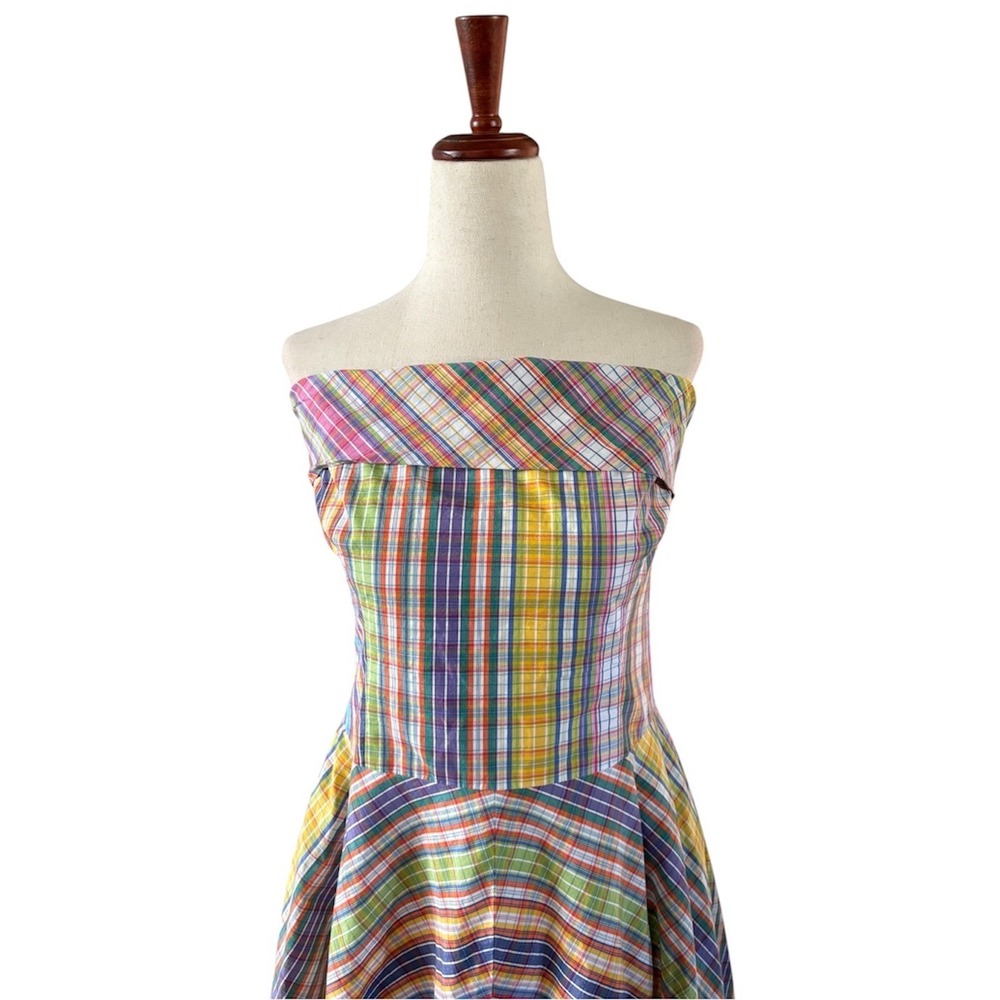 Ralph Lauren Vintage Plaid Strapless Bow Back Midi Cotton Dress Size 10 - Picture 4 of 6